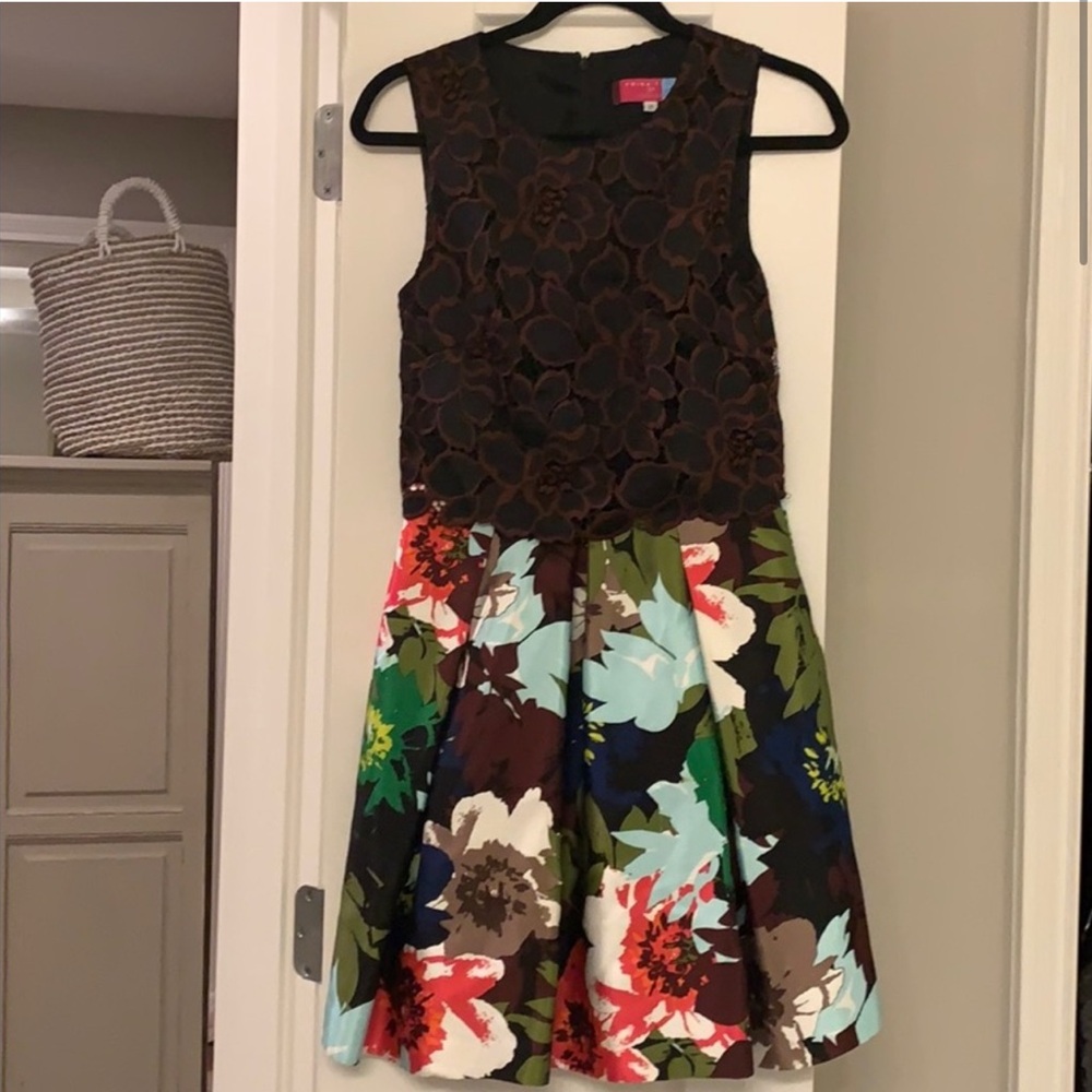 Trina Turk Black Floral Fit-and-Flare Dress with Multicolor Skirt